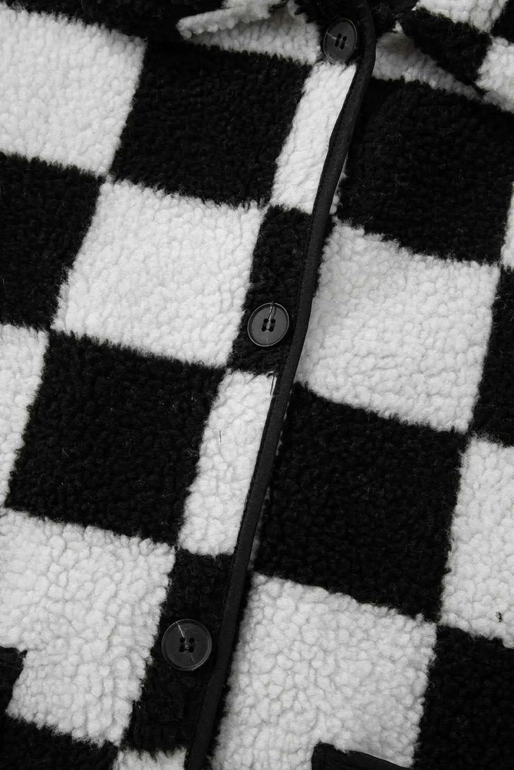 Black Checkered Side Pockets Collared Buttoned Fleece Jacket - Love Salve